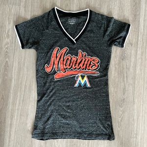 Marlins MLB Baseball Genuine Merchandise 2016 Gray Marled V Neck Bling Shirt Top